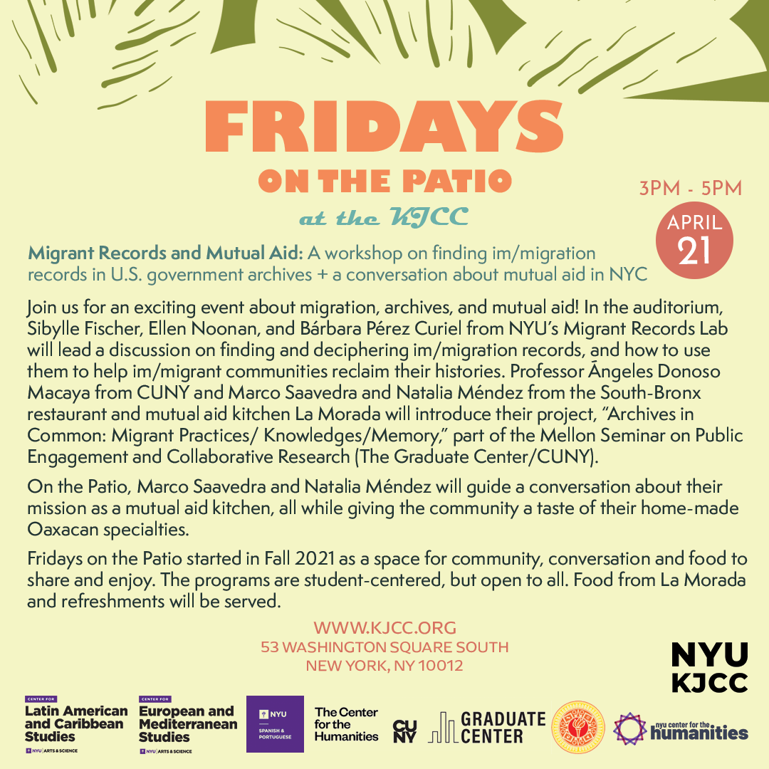 Image from Fridays on the Patio | Migrant Records and Mutual Aid: A workshop on finding im/migration records in U.S. government archives + a conversation about mutual aid in NYC